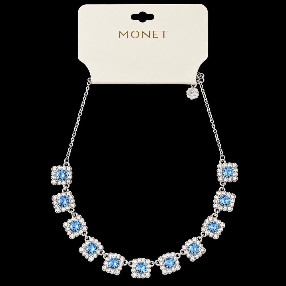 Vintage Monet Blue Crystal Floral Necklace Sample One of a Kind Silver Tone